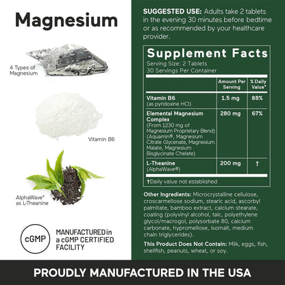Magnesium Complex - Chelated Magnesium Glycinate with Citrate, Malate and L-Theanine for Sleep, Muscle Relaxation and Stress Support - Non-GMO - 60 Tablets[30DaySupply]