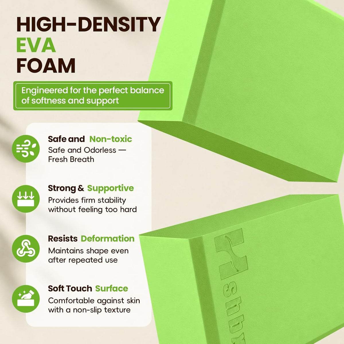 2 Pcs Yoga Blocks, High Density EVA Foam, Non-Slip, 9x6x3" | Closed-cell EVA foam is latex-free, moisture-resistant, odor-free, easy to wipe clean, and built to last