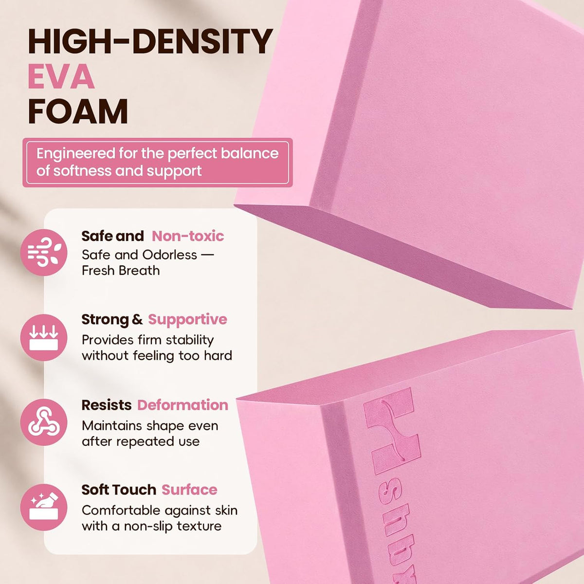 2 Pcs Yoga Blocks, High Density EVA Foam, Non-Slip, 9x6x3" | Closed-cell EVA foam is latex-free, moisture-resistant, odor-free, easy to wipe clean, and built to last