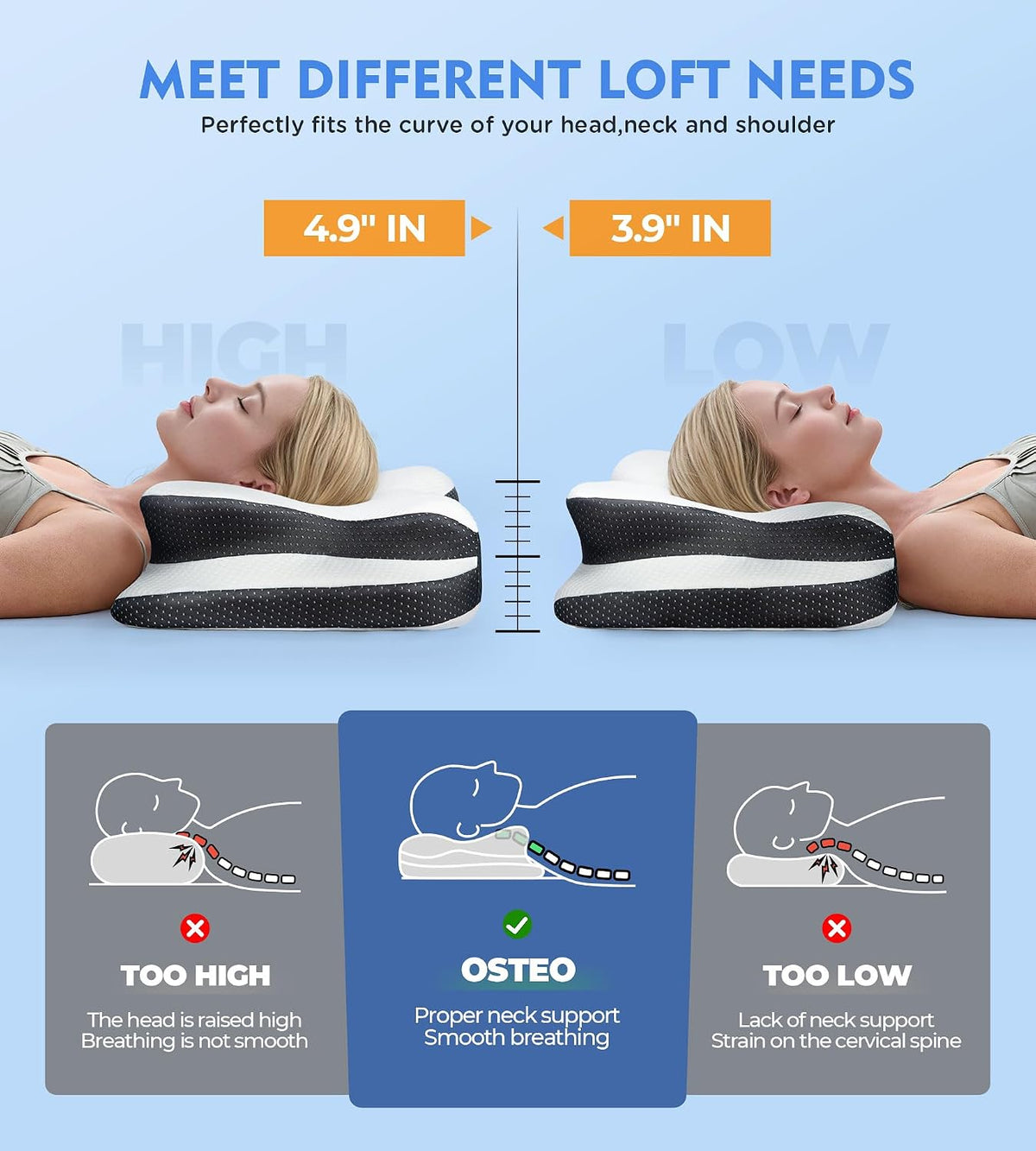 Cervical Pillow for Neck Pain Relief, Hollow Design Odorless Memory Foam Pillows with Cooling Case, Adjustable Orthopedic Bed Pillow for Sleeping, Support for Side Back Sleepers
