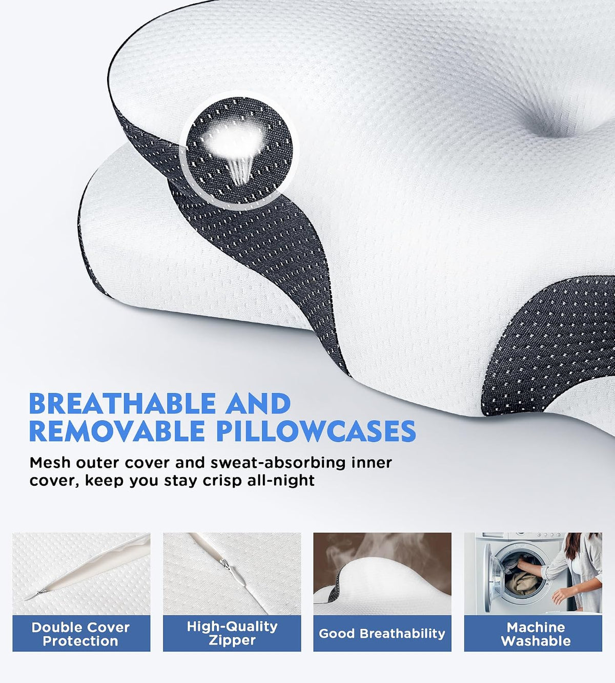 Cervical Pillow for Neck Pain Relief, Hollow Design Odorless Memory Foam Pillows with Cooling Case, Adjustable Orthopedic Bed Pillow for Sleeping, Support for Side Back Sleepers