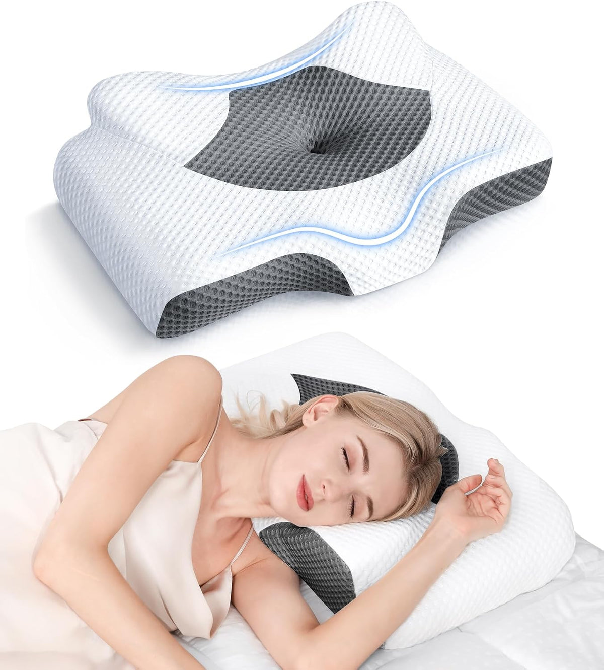 Cervical Pillow for Neck Pain Relief, Hollow Design Odorless Memory Foam Pillows with Cooling Case, Adjustable Orthopedic Bed Pillow for Sleeping, Support for Side Back Sleepers