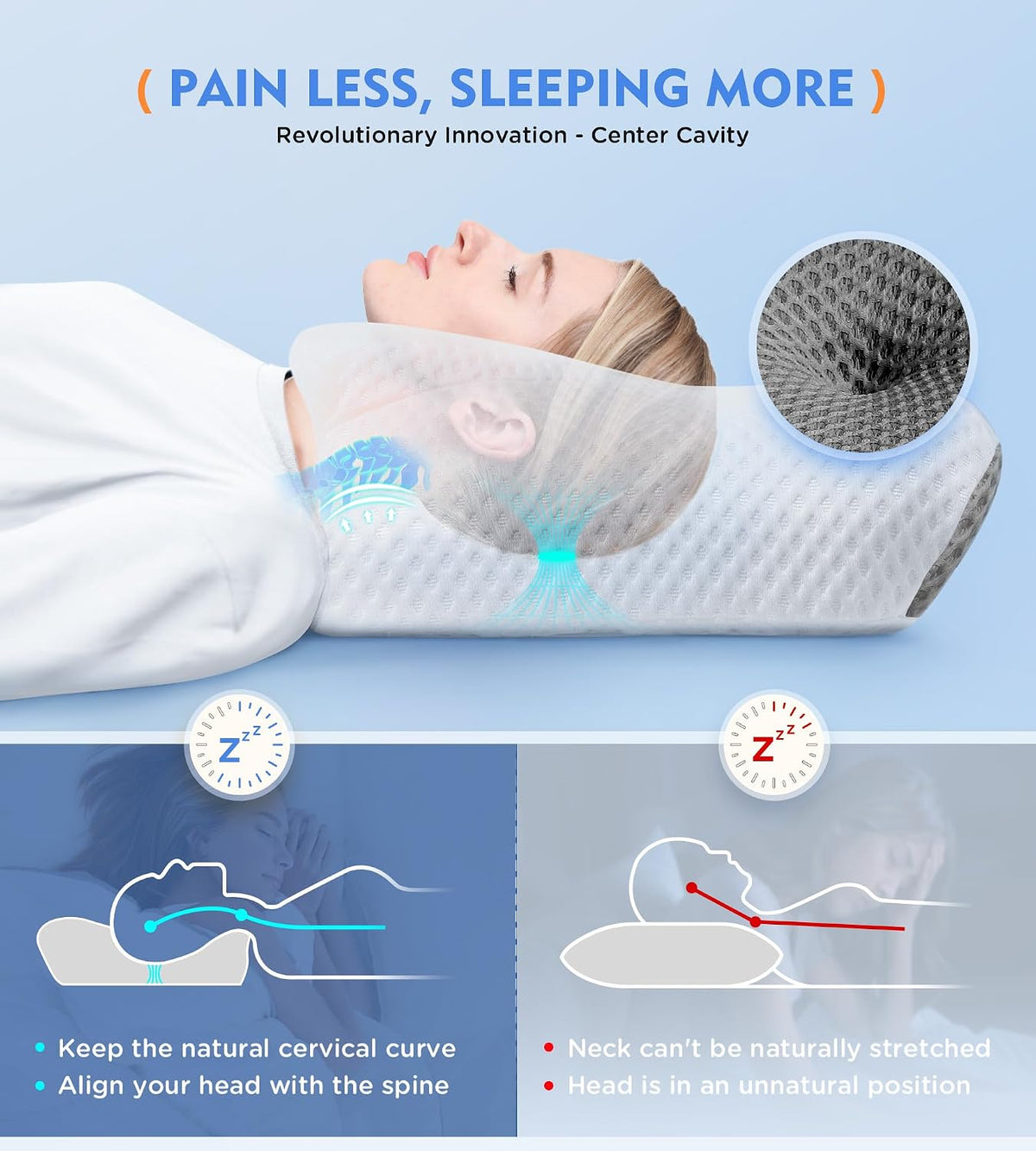 Cervical Pillow for Neck Pain Relief, Hollow Design Odorless Memory Foam Pillows with Cooling Case, Adjustable Orthopedic Bed Pillow for Sleeping, Support for Side Back Sleepers