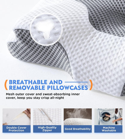 Cervical Pillow for Neck Pain Relief, Hollow Design Odorless Memory Foam Pillows with Cooling Case, Adjustable Orthopedic Bed Pillow for Sleeping, Support for Side Back Sleepers