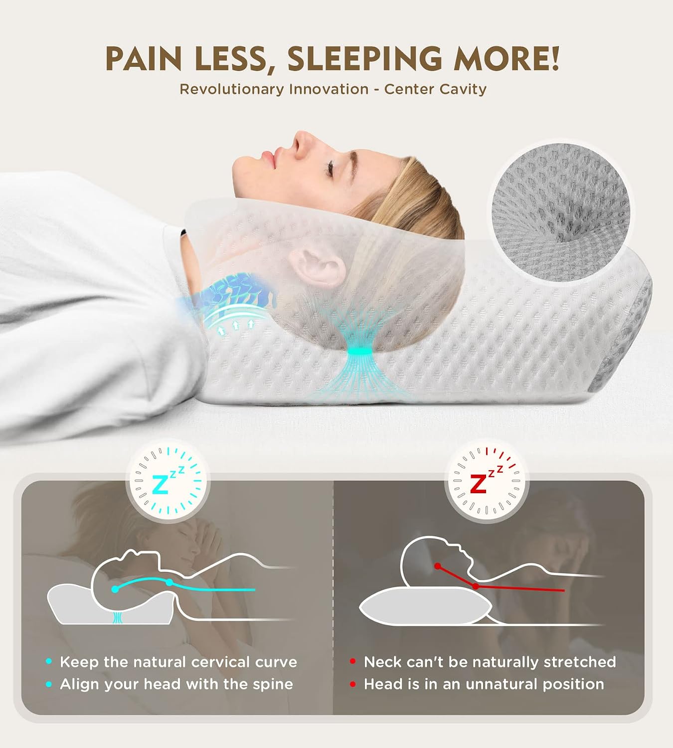 Cervical Pillow for Neck Pain Relief, Hollow Design Odorless Memory Foam Pillows with Cooling Case, Adjustable Orthopedic Bed Pillow for Sleeping, Support for Side Back Sleepers