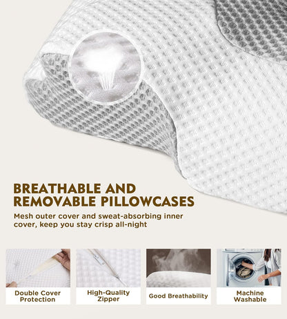Cervical Pillow for Neck Pain Relief, Hollow Design Odorless Memory Foam Pillows with Cooling Case, Adjustable Orthopedic Bed Pillow for Sleeping, Support for Side Back Sleepers