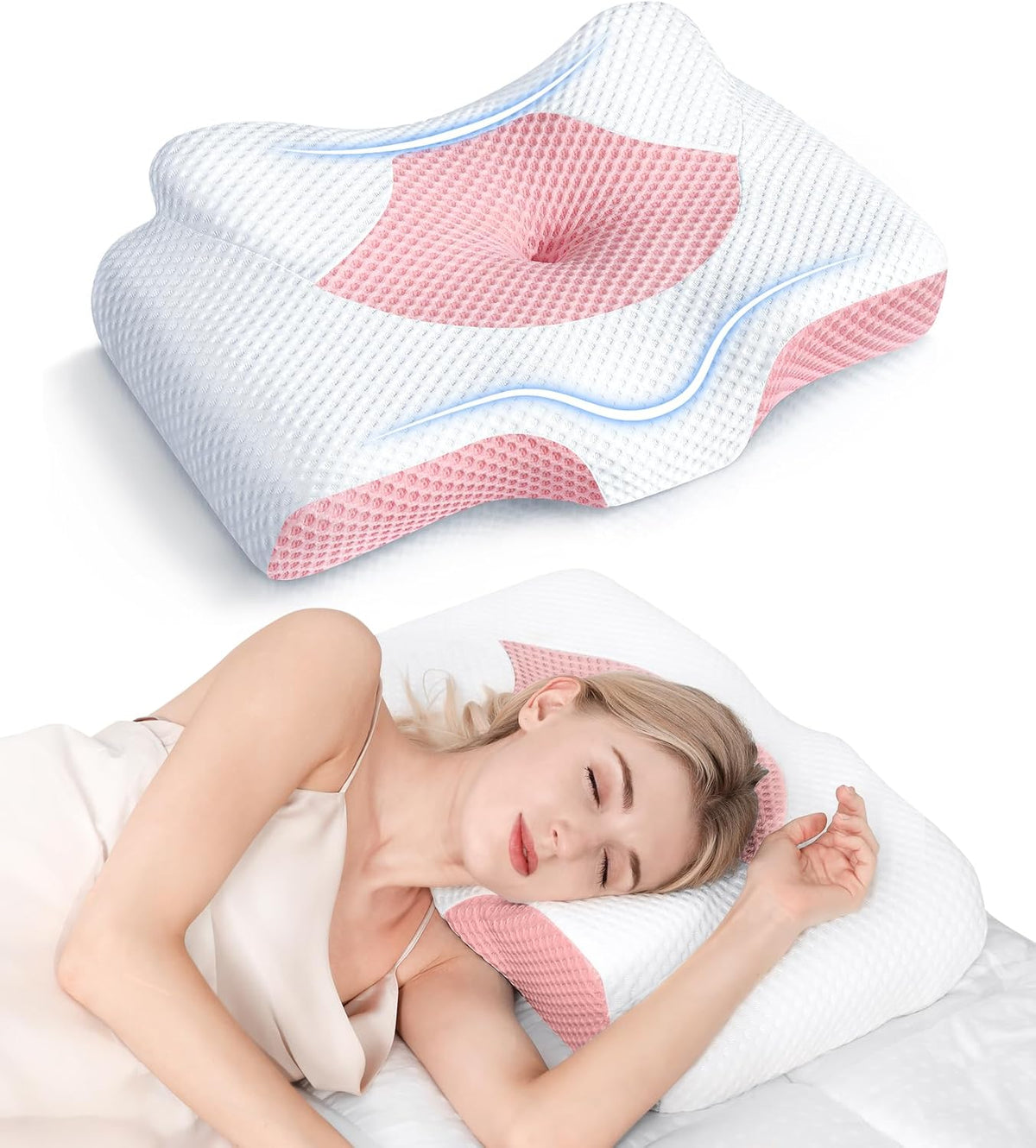 Cervical Pillow for Neck Pain Relief, Hollow Design Odorless Memory Foam Pillows with Cooling Case, Adjustable Orthopedic Bed Pillow for Sleeping, Support for Side Back Sleepers