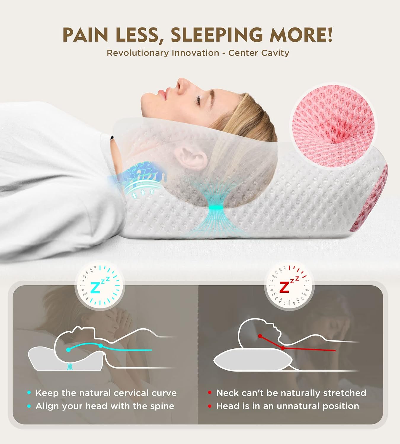 Cervical Pillow for Neck Pain Relief, Hollow Design Odorless Memory Foam Pillows with Cooling Case, Adjustable Orthopedic Bed Pillow for Sleeping, Support for Side Back Sleepers