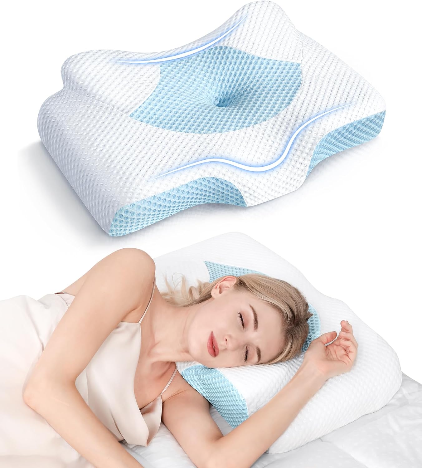 Cervical Pillow for Neck Pain Relief, Hollow Design Odorless Memory Foam Pillows with Cooling Case, Adjustable Orthopedic Bed Pillow for Sleeping, Support for Side Back Sleepers