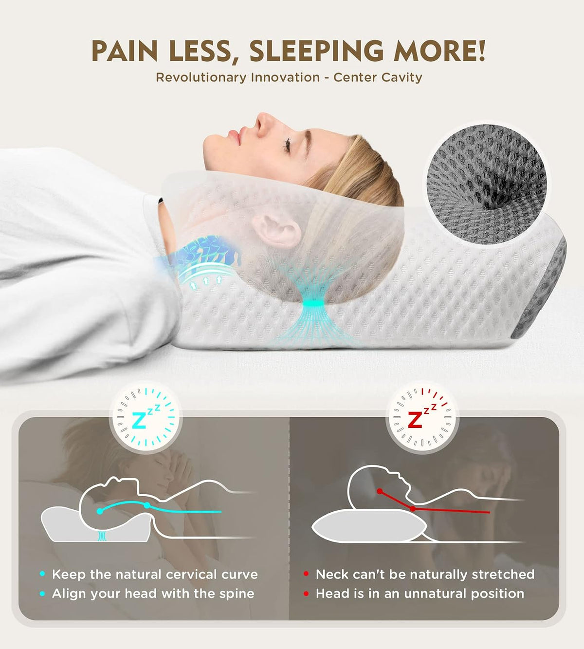 Cervical Pillow for Neck Pain Relief, Hollow Design Odorless Memory Foam Pillows with Cooling Case, Adjustable Orthopedic Bed Pillow for Sleeping, Support for Side Back Sleepers