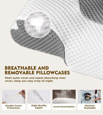 Cervical Pillow for Neck Pain Relief, Hollow Design Odorless Memory Foam Pillows with Cooling Case, Adjustable Orthopedic Bed Pillow for Sleeping, Support for Side Back Sleepers