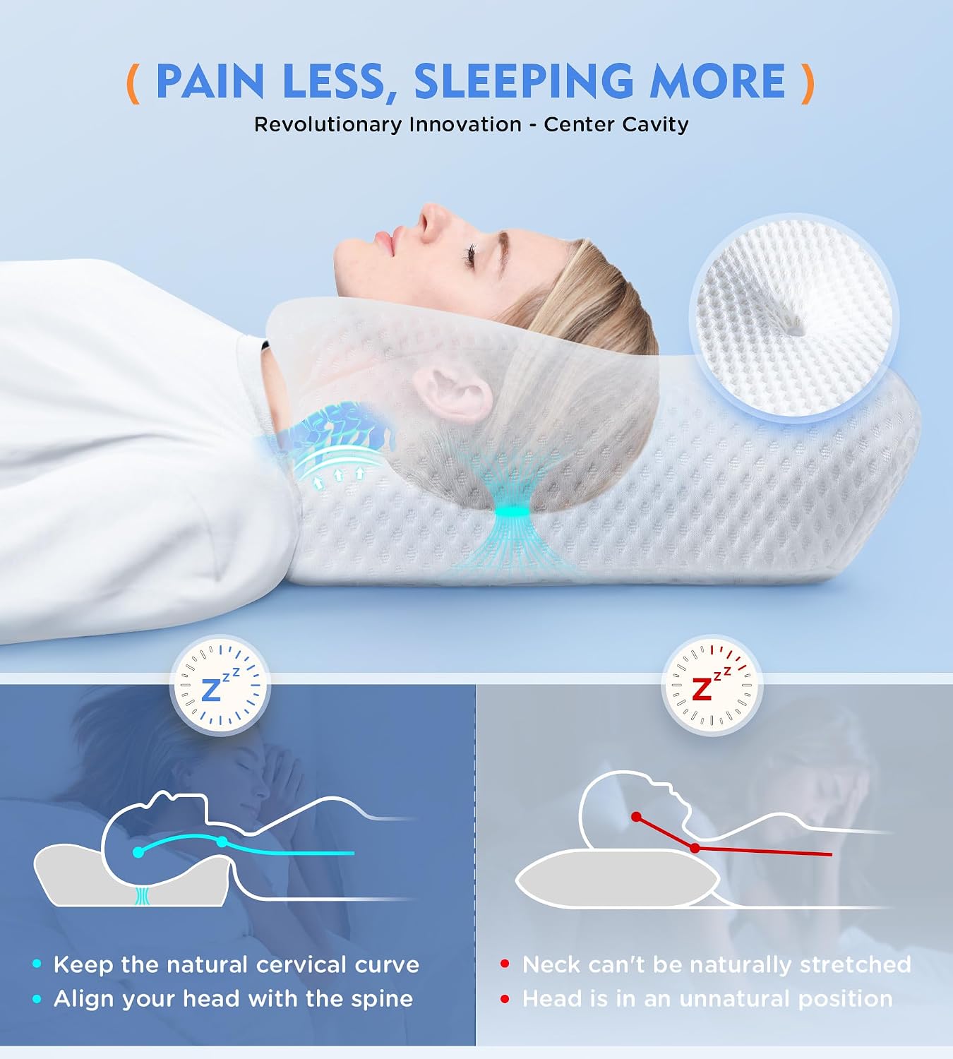 Cervical Pillow for Neck Pain Relief, Hollow Design Odorless Memory Foam Pillows with Cooling Case, Adjustable Orthopedic Bed Pillow for Sleeping, Support for Side Back Sleepers