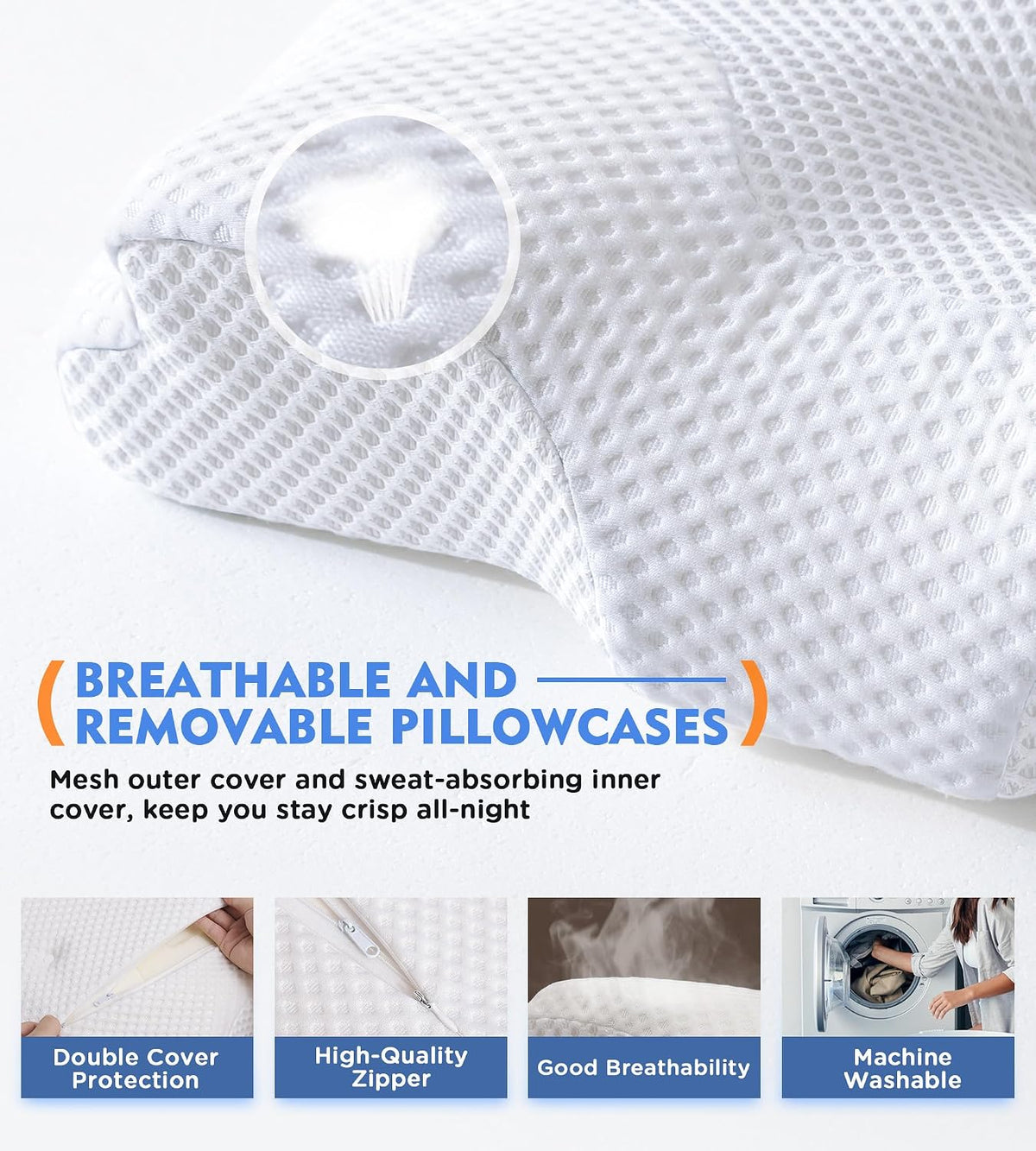 Cervical Pillow for Neck Pain Relief, Hollow Design Odorless Memory Foam Pillows with Cooling Case, Adjustable Orthopedic Bed Pillow for Sleeping, Support for Side Back Sleepers