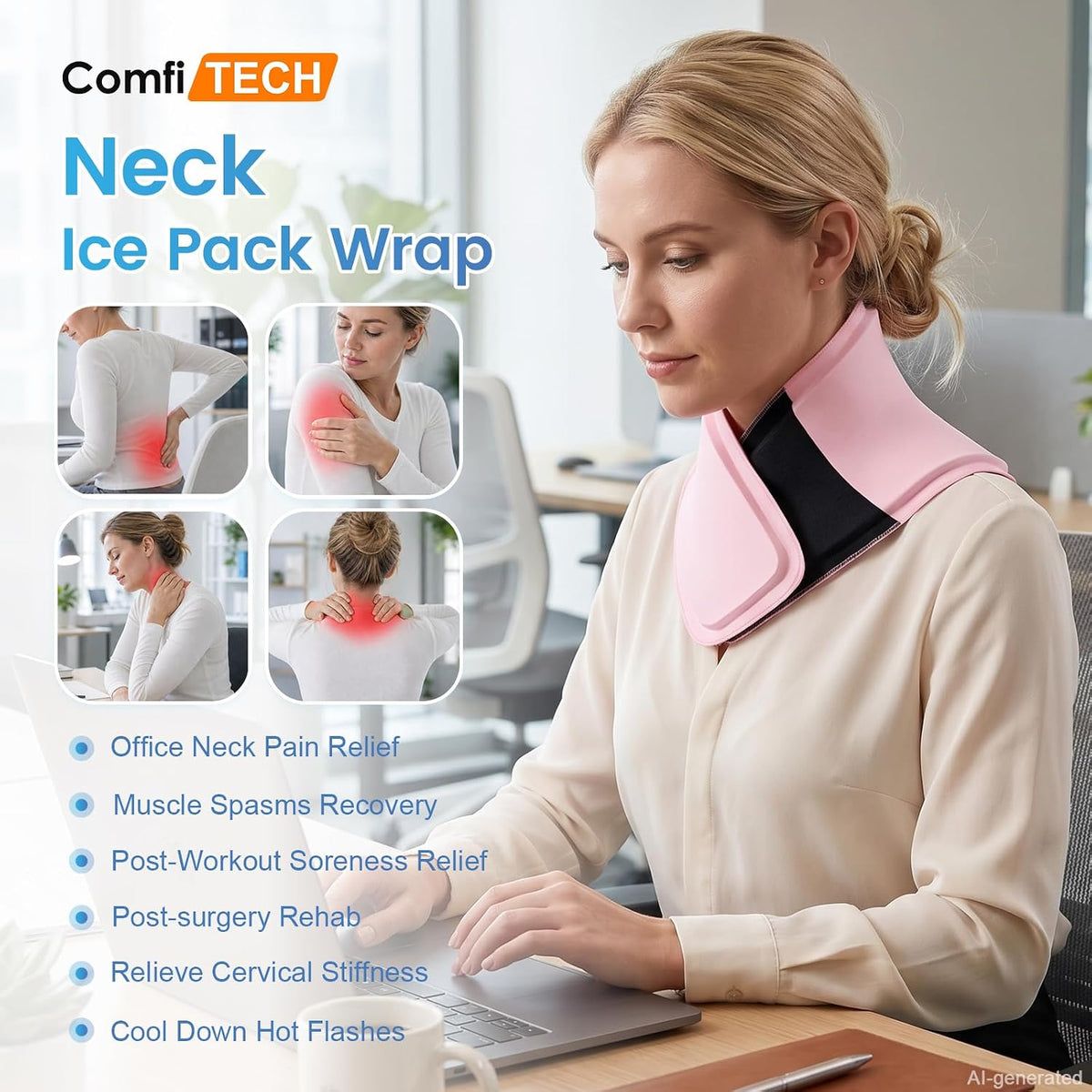 Women Extended Neck Ice Pack Wrap, Medium, Pink