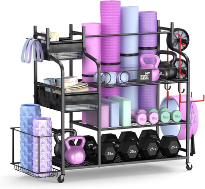Weight Rack for Dumbbells, Home Gym Storage for Yoga Mat Dumbbells Kettlebells and Strength Training Equipment, Dumbbell Rack with Wheels and Hanging Hooks