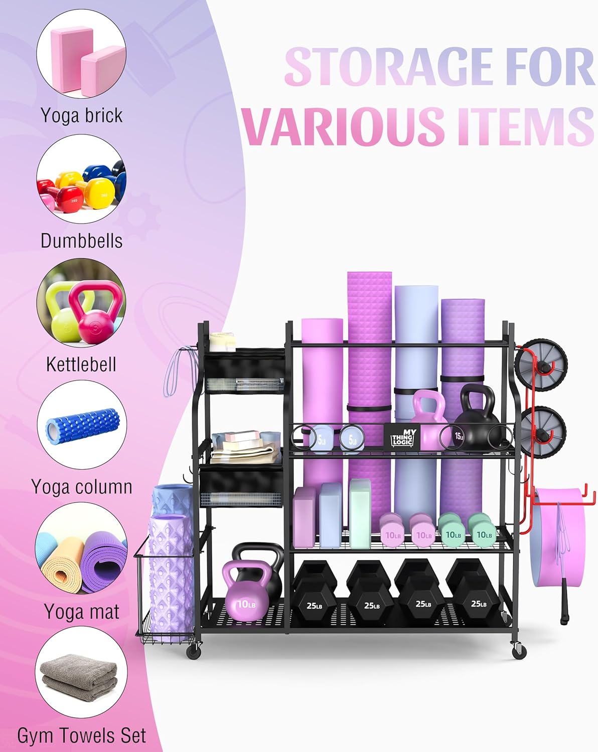 Weight Rack for Dumbbells, Home Gym Storage for Yoga Mat Dumbbells Kettlebells and Strength Training Equipment, Dumbbell Rack with Wheels and Hanging Hooks
