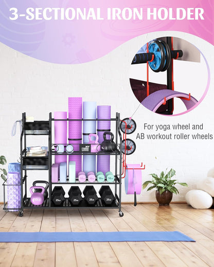 Weight Rack for Dumbbells, Home Gym Storage for Yoga Mat Dumbbells Kettlebells and Strength Training Equipment, Dumbbell Rack with Wheels and Hanging Hooks