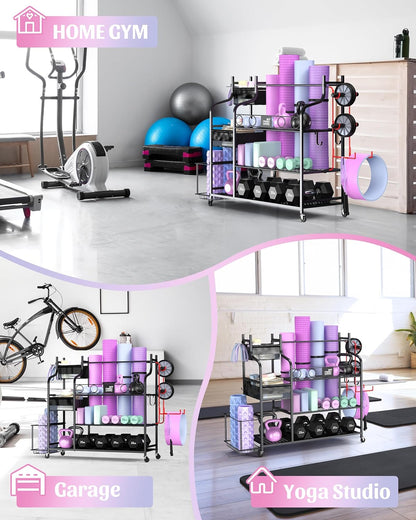 Weight Rack for Dumbbells, Home Gym Storage for Yoga Mat Dumbbells Kettlebells and Strength Training Equipment, Dumbbell Rack with Wheels and Hanging Hooks