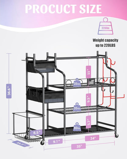 Weight Rack for Dumbbells, Home Gym Storage for Yoga Mat Dumbbells Kettlebells and Strength Training Equipment, Dumbbell Rack with Wheels and Hanging Hooks