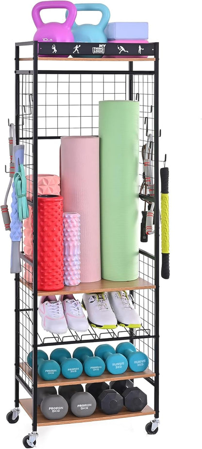 Weight Rack for Dumbbells, Home Gym Storage for Yoga Mat Dumbbells Kettlebells and Strength Training Equipment, Dumbbell Rack with Wheels and Hanging Hooks