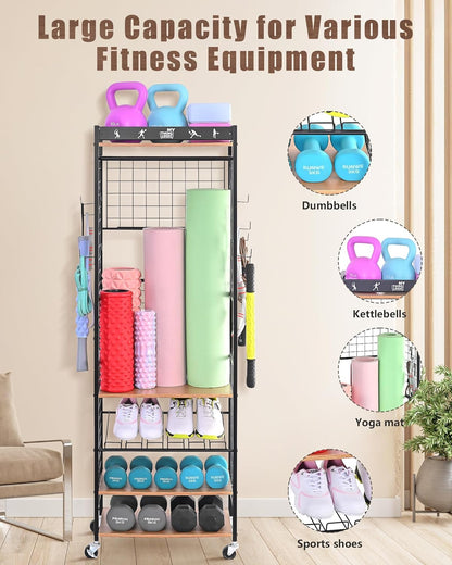 Weight Rack for Dumbbells, Home Gym Storage for Yoga Mat Dumbbells Kettlebells and Strength Training Equipment, Dumbbell Rack with Wheels and Hanging Hooks