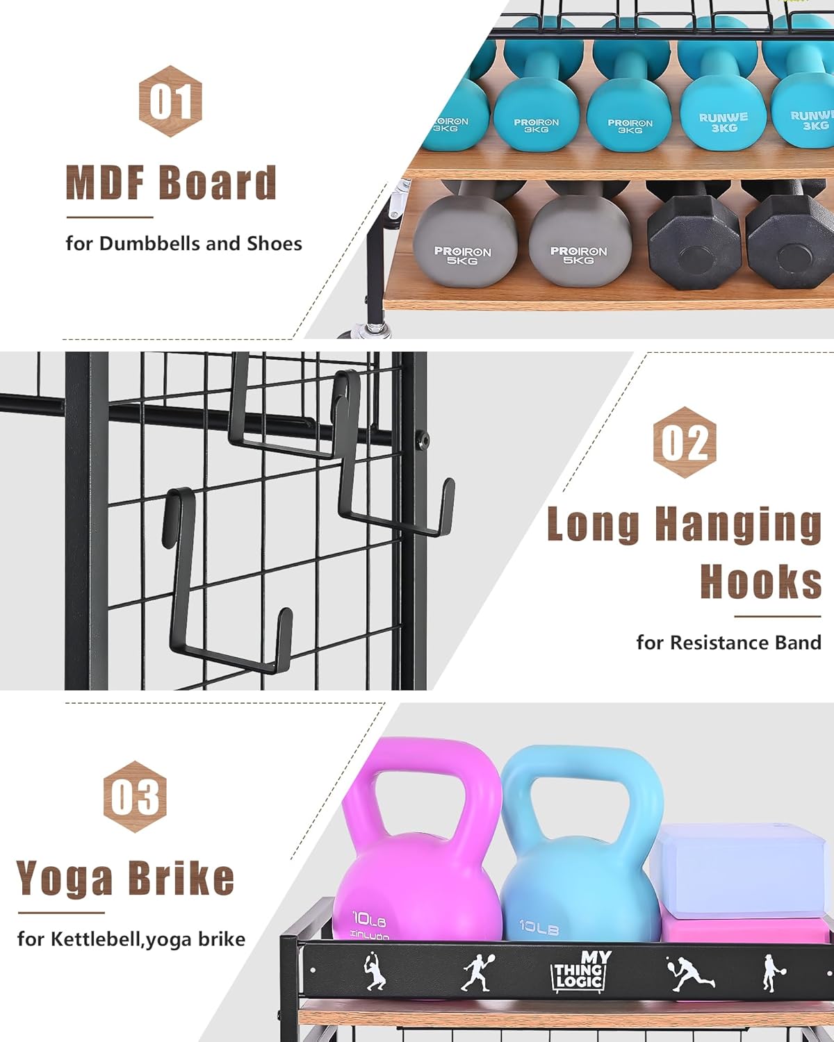 Weight Rack for Dumbbells, Home Gym Storage for Yoga Mat Dumbbells Kettlebells and Strength Training Equipment, Dumbbell Rack with Wheels and Hanging Hooks