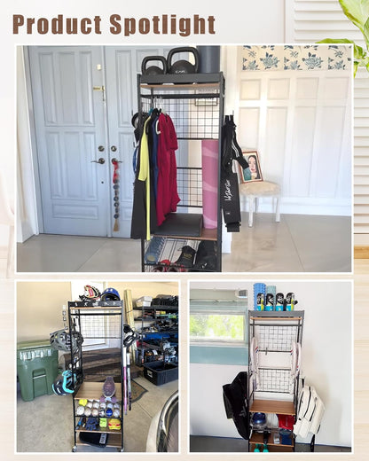 Weight Rack for Dumbbells, Home Gym Storage for Yoga Mat Dumbbells Kettlebells and Strength Training Equipment, Dumbbell Rack with Wheels and Hanging Hooks