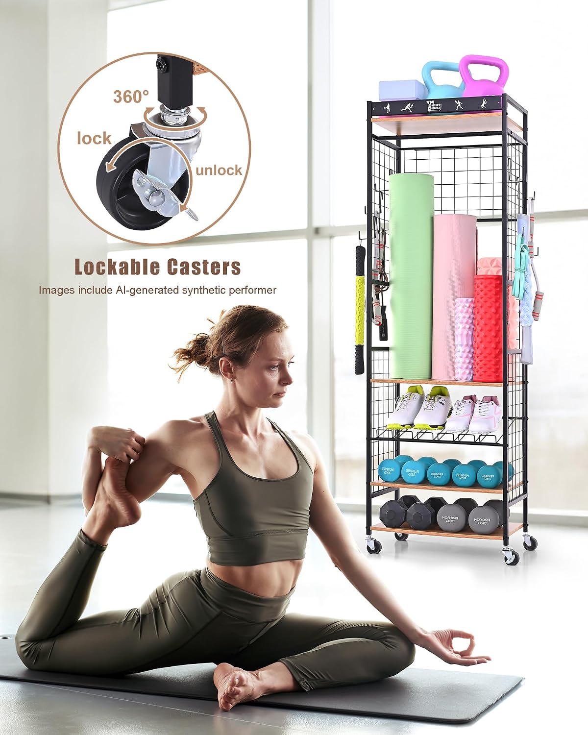 Weight Rack for Dumbbells, Home Gym Storage for Yoga Mat Dumbbells Kettlebells and Strength Training Equipment, Dumbbell Rack with Wheels and Hanging Hooks