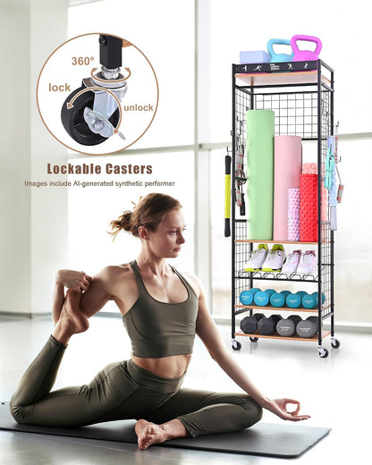 Weight Rack for Dumbbells, Home Gym Storage for Yoga Mat Dumbbells Kettlebells and Strength Training Equipment, Dumbbell Rack with Wheels and Hanging Hooks