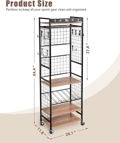 Weight Rack for Dumbbells, Home Gym Storage for Yoga Mat Dumbbells Kettlebells and Strength Training Equipment, Dumbbell Rack with Wheels and Hanging Hooks