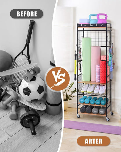 Weight Rack for Dumbbells, Home Gym Storage for Yoga Mat Dumbbells Kettlebells and Strength Training Equipment, Dumbbell Rack with Wheels and Hanging Hooks