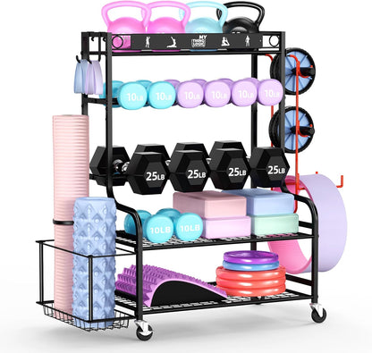 Weight Rack for Dumbbells, Home Gym Storage for Yoga Mat Dumbbells Kettlebells and Strength Training Equipment, Dumbbell Rack with Wheels and Hanging Hooks