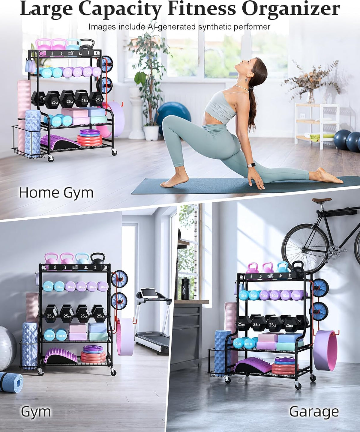 Weight Rack for Dumbbells, Home Gym Storage for Yoga Mat Dumbbells Kettlebells and Strength Training Equipment, Dumbbell Rack with Wheels and Hanging Hooks