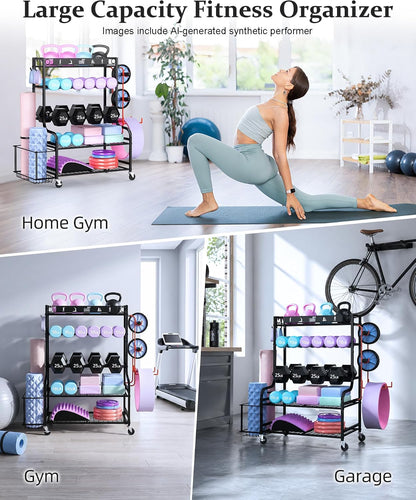 Weight Rack for Dumbbells, Home Gym Storage for Yoga Mat Dumbbells Kettlebells and Strength Training Equipment, Dumbbell Rack with Wheels and Hanging Hooks