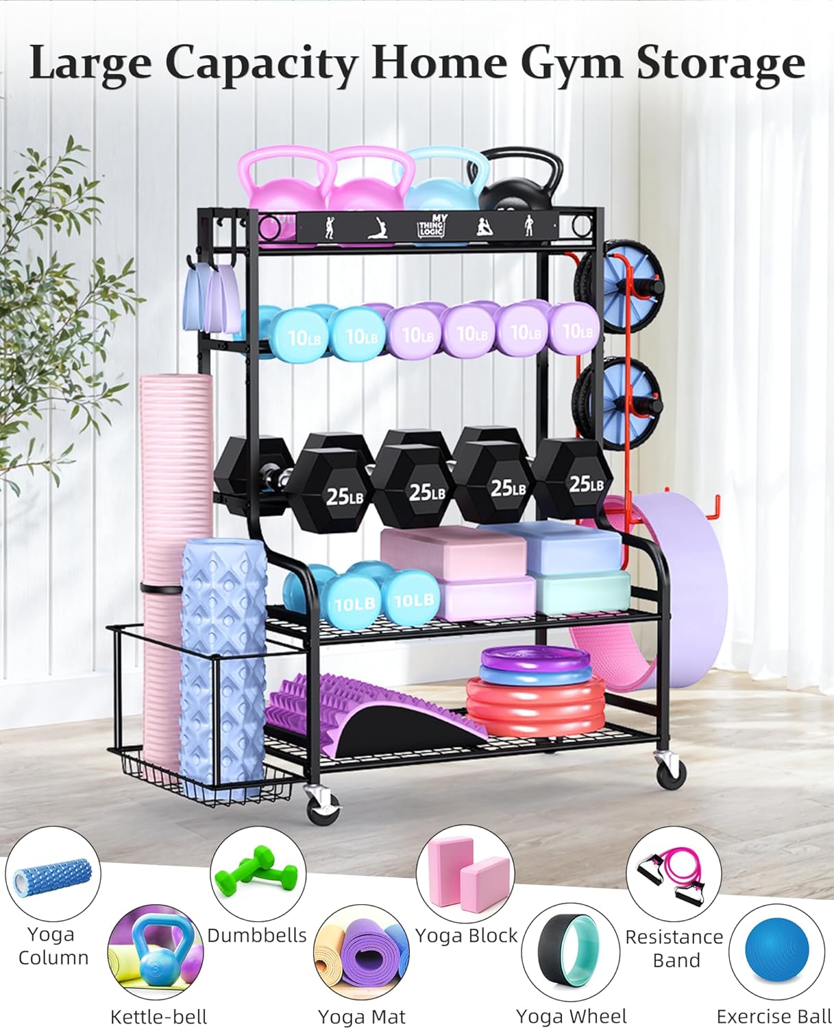 Weight Rack for Dumbbells, Home Gym Storage for Yoga Mat Dumbbells Kettlebells and Strength Training Equipment, Dumbbell Rack with Wheels and Hanging Hooks