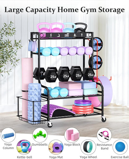 Weight Rack for Dumbbells, Home Gym Storage for Yoga Mat Dumbbells Kettlebells and Strength Training Equipment, Dumbbell Rack with Wheels and Hanging Hooks