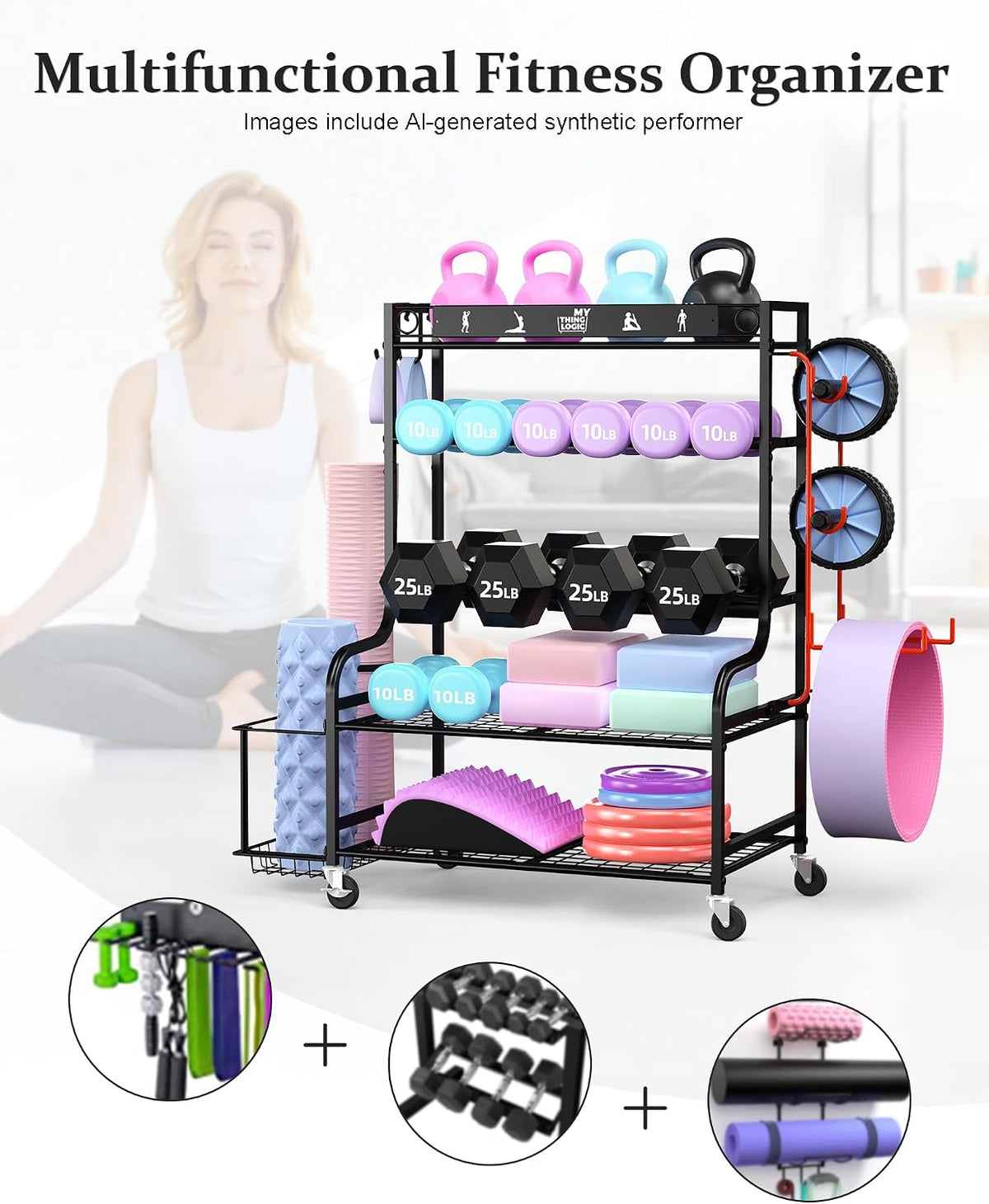 Weight Rack for Dumbbells, Home Gym Storage for Yoga Mat Dumbbells Kettlebells and Strength Training Equipment, Dumbbell Rack with Wheels and Hanging Hooks