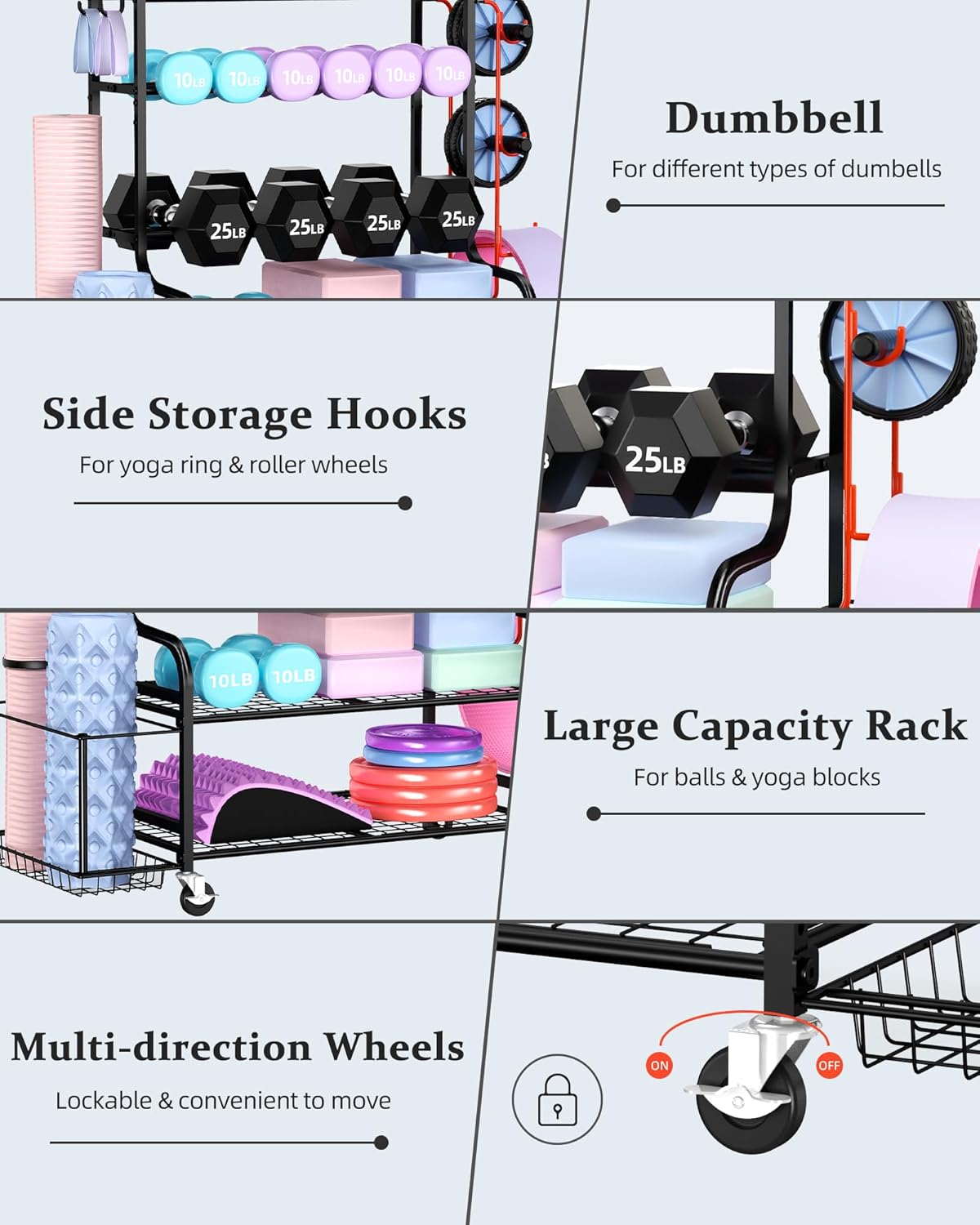 Weight Rack for Dumbbells, Home Gym Storage for Yoga Mat Dumbbells Kettlebells and Strength Training Equipment, Dumbbell Rack with Wheels and Hanging Hooks