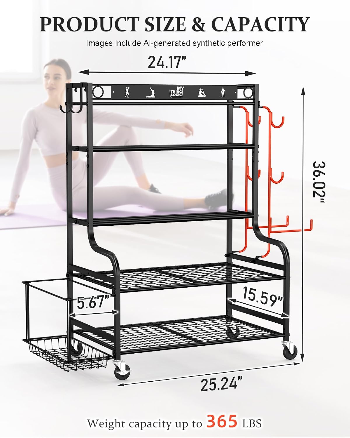 Weight Rack for Dumbbells, Home Gym Storage for Yoga Mat Dumbbells Kettlebells and Strength Training Equipment, Dumbbell Rack with Wheels and Hanging Hooks