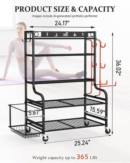Weight Rack for Dumbbells, Home Gym Storage for Yoga Mat Dumbbells Kettlebells and Strength Training Equipment, Dumbbell Rack with Wheels and Hanging Hooks