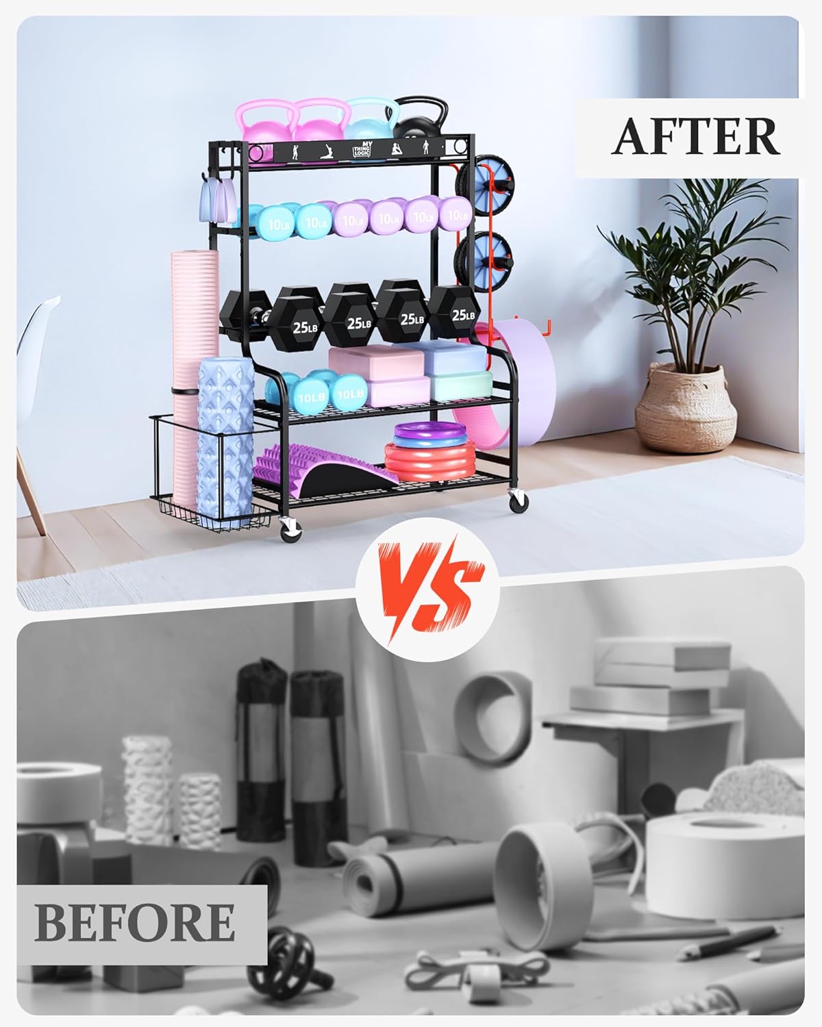 Weight Rack for Dumbbells, Home Gym Storage for Yoga Mat Dumbbells Kettlebells and Strength Training Equipment, Dumbbell Rack with Wheels and Hanging Hooks