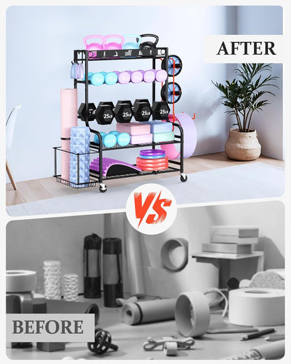Weight Rack for Dumbbells, Home Gym Storage for Yoga Mat Dumbbells Kettlebells and Strength Training Equipment, Dumbbell Rack with Wheels and Hanging Hooks