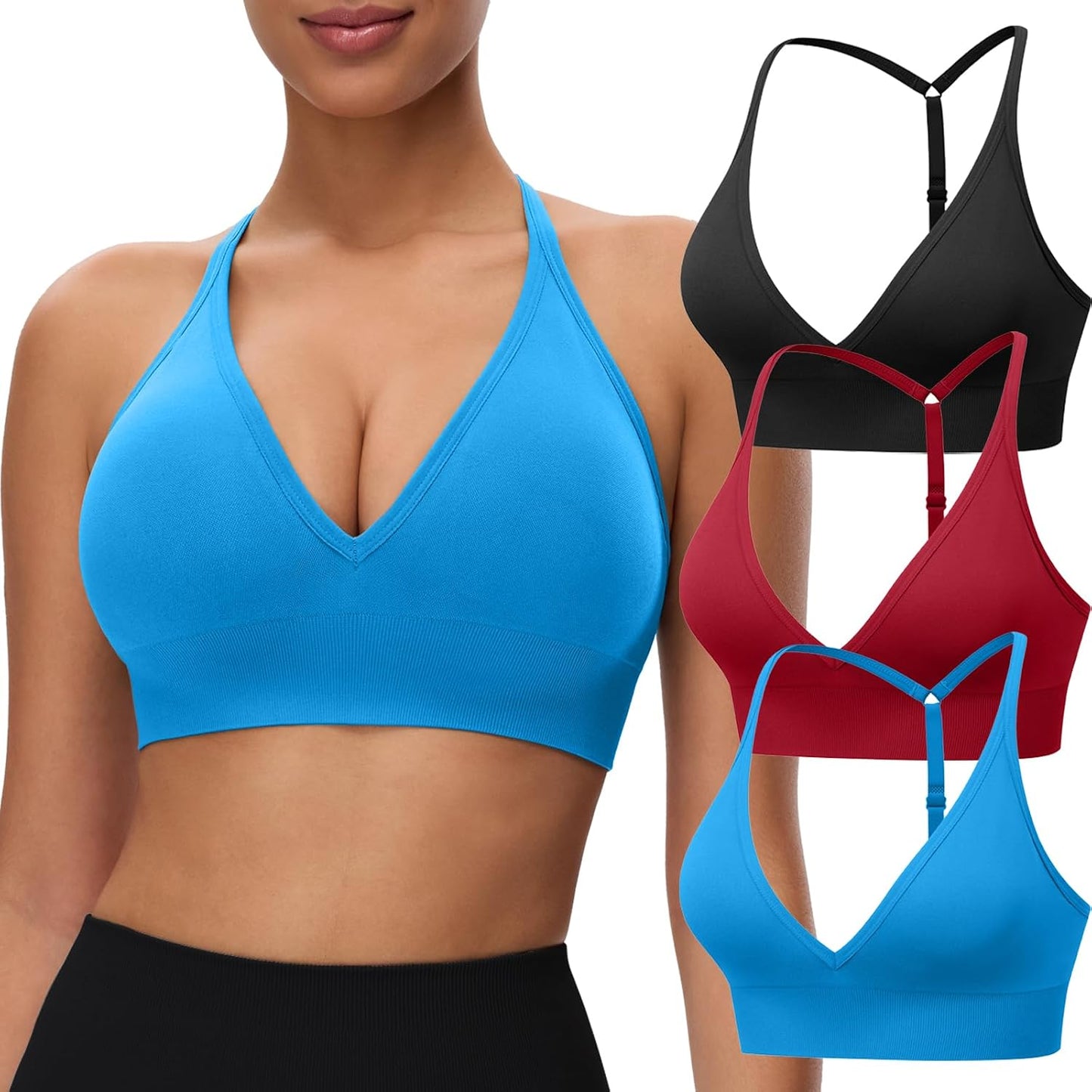 Women's Sports Bras Deep V Neck Adjustable Y Back Spaghetti Strap Racerback Padded Wireless Yoga Workout Tops