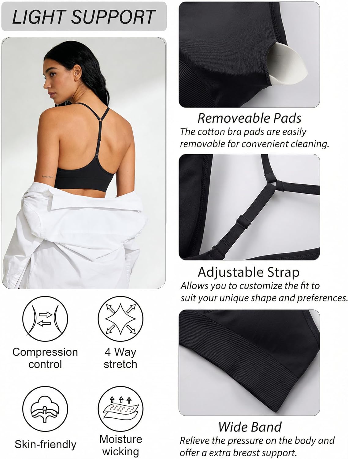 Women's Sports Bras Deep V Neck Adjustable Y Back Spaghetti Strap Racerback Padded Wireless Yoga Workout Tops