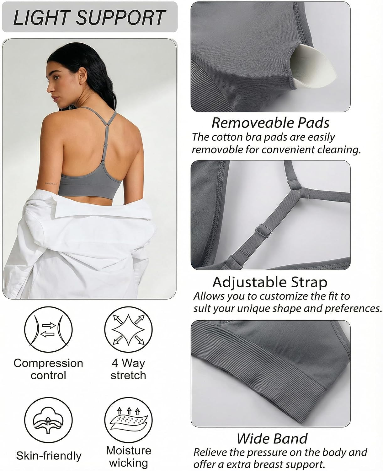 Women's Sports Bras Deep V Neck Adjustable Y Back Spaghetti Strap Racerback Padded Wireless Yoga Workout Tops