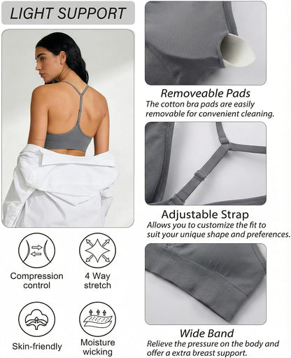 Women's Sports Bras Deep V Neck Adjustable Y Back Spaghetti Strap Racerback Padded Wireless Yoga Workout Tops