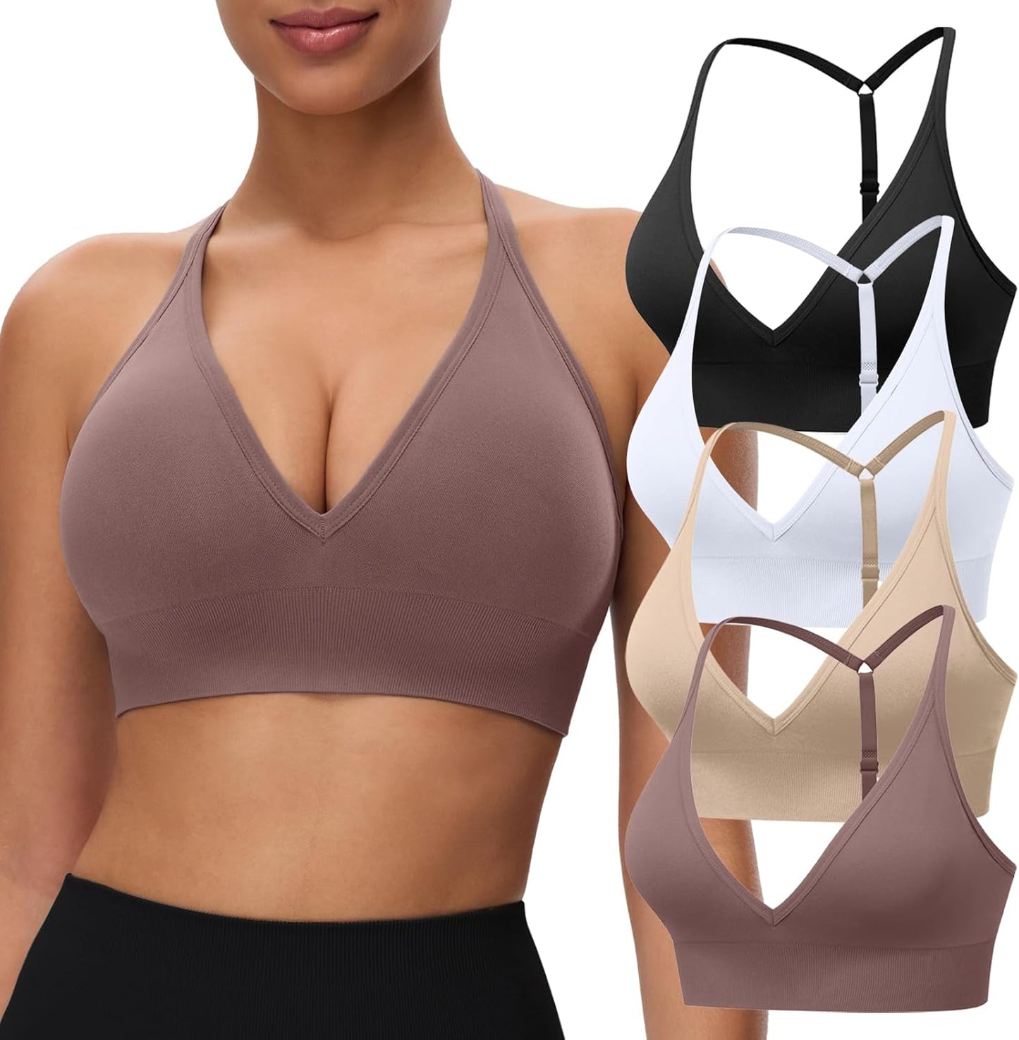 Women's Sports Bras Deep V Neck Adjustable Y Back Spaghetti Strap Racerback Padded Wireless Yoga Workout Tops