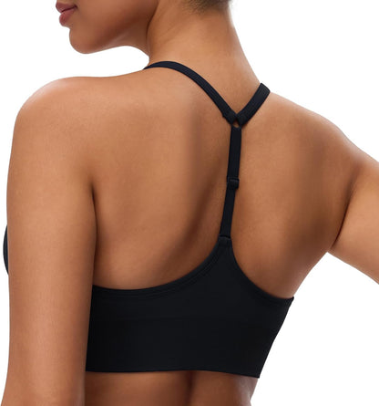 Women's Sports Bras Deep V Neck Adjustable Y Back Spaghetti Strap Racerback Padded Wireless Yoga Workout Tops