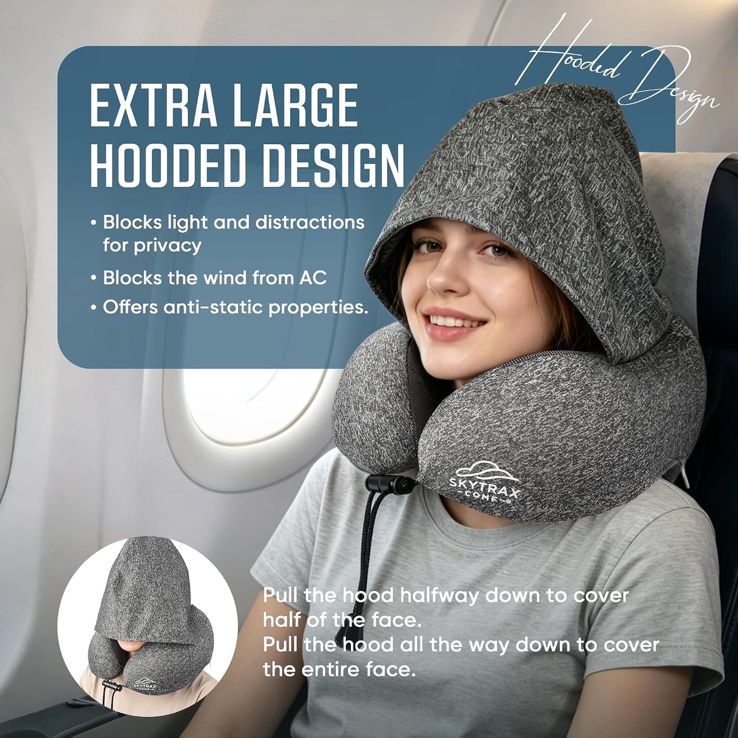 ® Travel Neck Pillow with Hood for Privacy on Long Flights