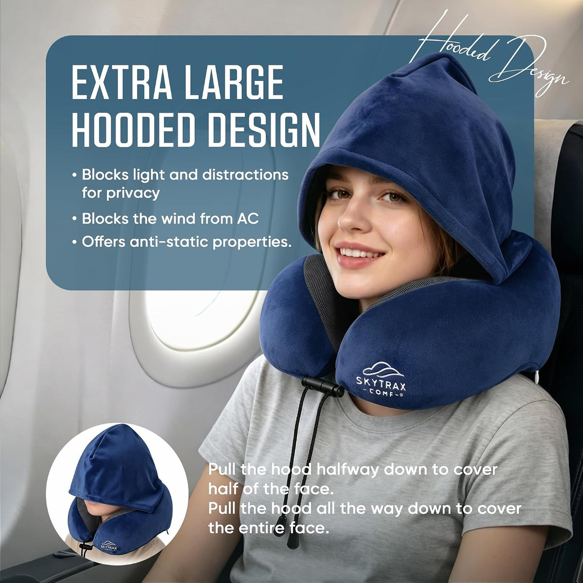 ® Travel Neck Pillow with Hood for Privacy on Long Flights